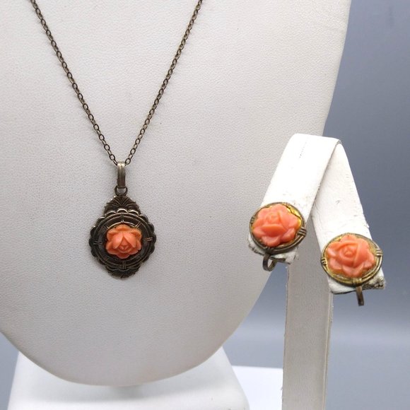 Vintage Celluloid Coral Carved Parure on Sterling Silver with Gold Wash Vermeil - Picture 1 of 8